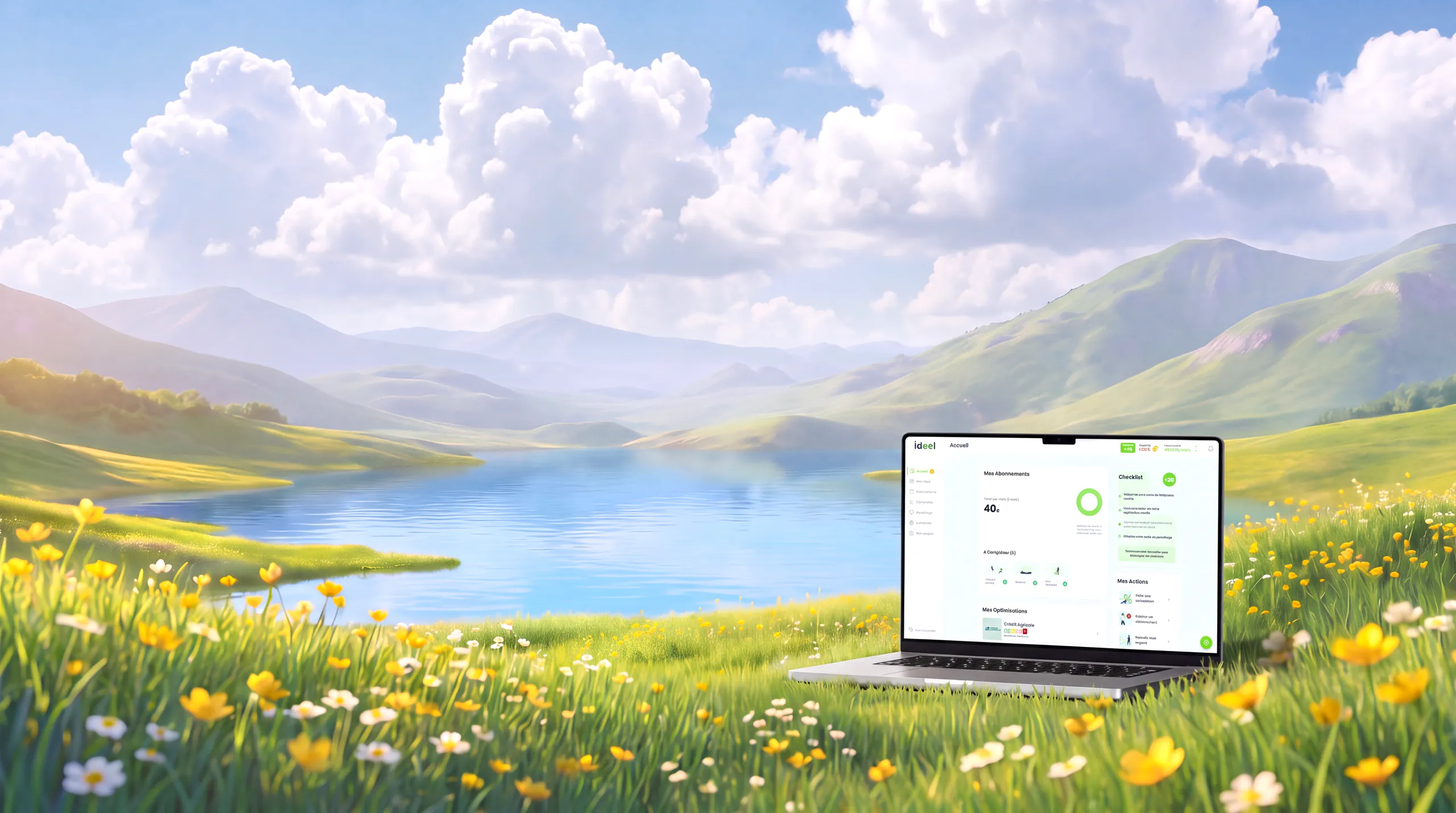 L'application Ideel ouverte sur un ordinateur portable, posé dans une prairie fleurie au bord d'un lac.
